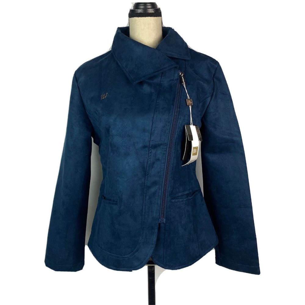 BV Clothing Italia Suede Leather Jacket Navy Blue Zip Up Womens M NWT